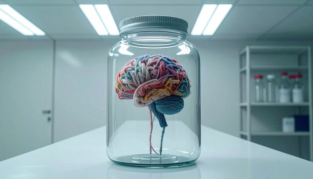 A vibrant, tangled brain made of colorful threads preserved within a glass jar, symbolizing complex thought and medical research