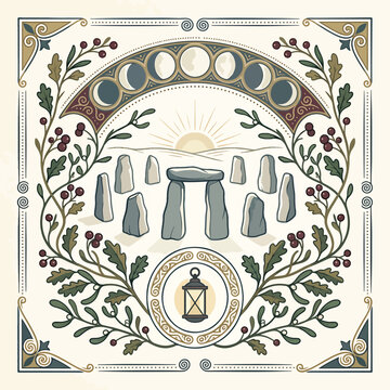 Stonehenge lunar phases decorative art.