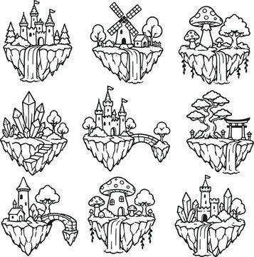 Fantasy Floating Islands Vector Pack with Castles Waterfalls Windmills Crystals and Magical Landscapes
