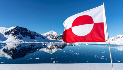 Naklejka premium A Greenland flag waves before icy mountains and reflective waters, symbolizing national identity, natural beauty, and the deep connection between land and culture.