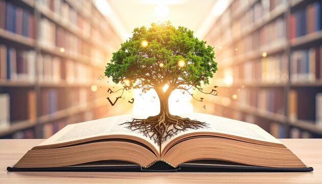 A vibrant tree of knowledge and growth, with roots spreading from an open ancient book amidst library shelves, symbolizing inspiration and learning.