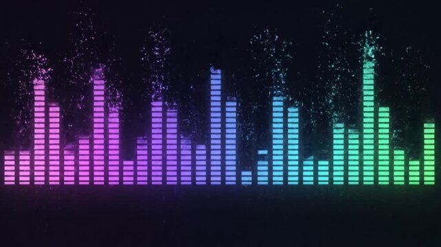 Neon digital audio spectrum visualizer with colorful bars on dark background for music and sound technology