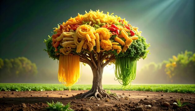 A whimsical tree laden with diverse pasta varieties, from hanging spaghetti to fusilli blooms, a surreal culinary landscape