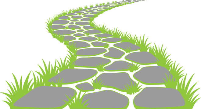Winding stone path in green grass, garden stone walkway vector illustration isolated on white background