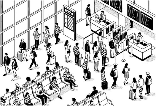 Airport terminal interior isometric memphis style