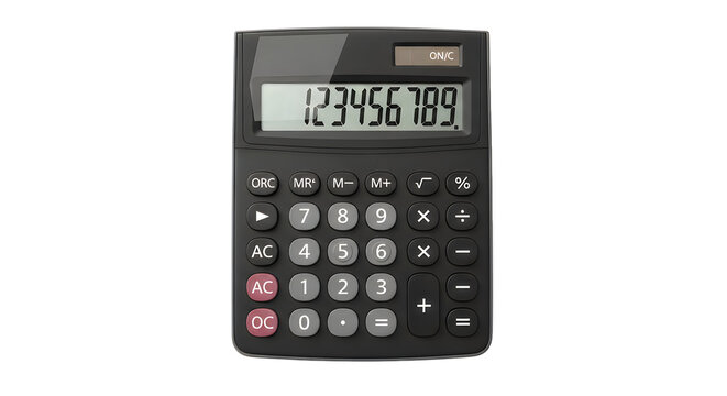 Black digital calculator isolated on transparent background for financial and accounting operations