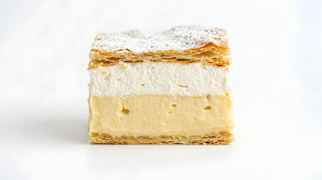 Traditional Croatian Krem&scaron;nita, a delicious vanilla custard and whipped cream slice with puff pastry, isolated on white background