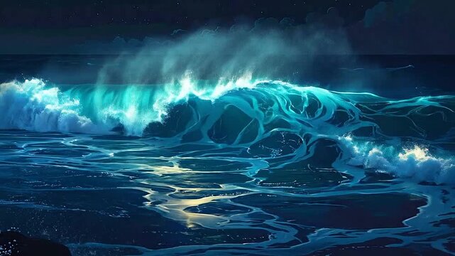 A glowing ocean wave crashes under the moonlight on a dark and starry night