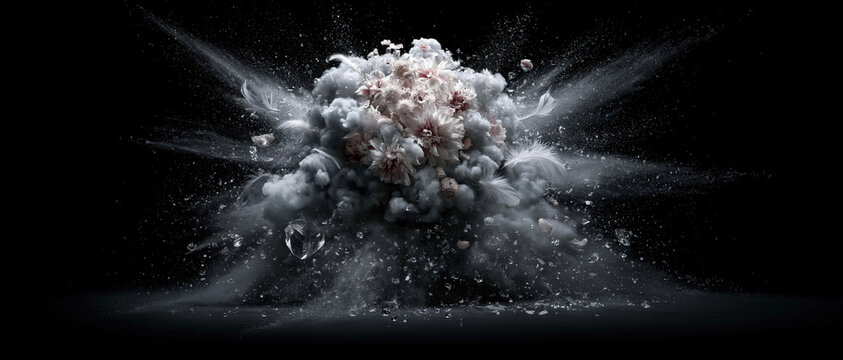A gigantic floating detonation of clouds, smoke-like formations, liquid splashes, fragmented landscapes, botanical elements, and atmospheric particles merging into a single impossible structure suspen