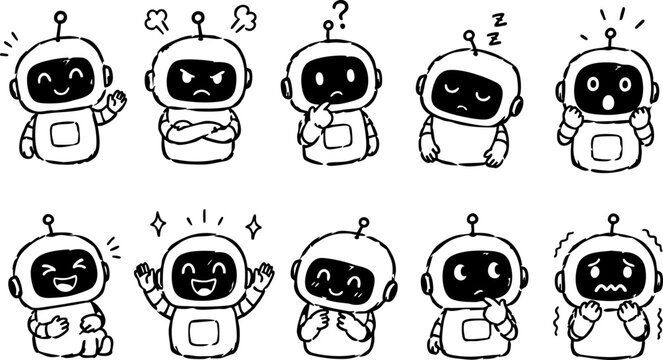 Cute Playful Artificial Intelligence Robot Doodles Hand Drawn Cartoon Characters Set Vector Illustration Collection