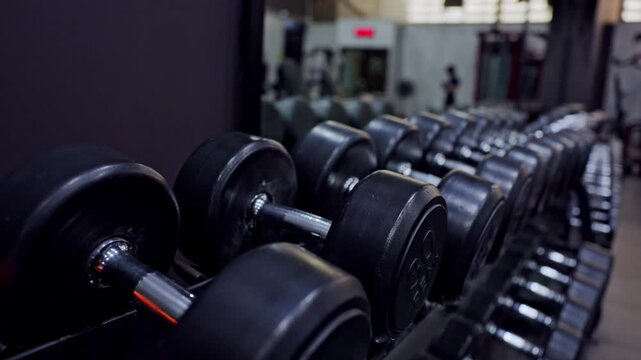 Dumbbell gym weight fitness exercise strength training workout equipment black row along rack modern indoor health club blurred background metal detail low light