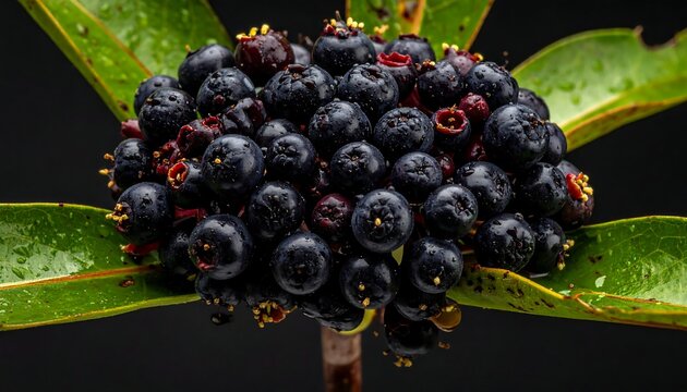 Close-up of a dark cluster of berries on a stem with green leaves