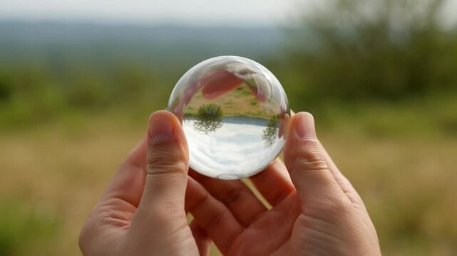 Hands holding crystal ball reflecting landscape.