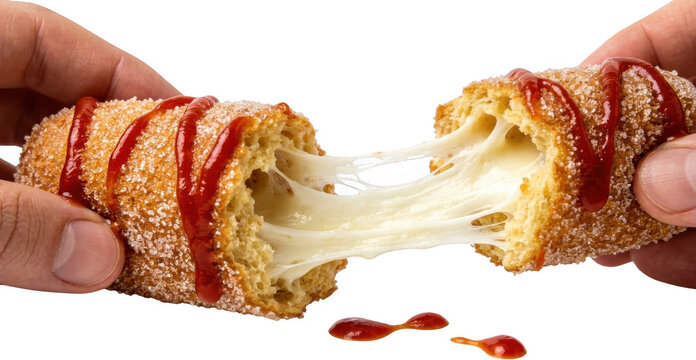 Close up of hands pulling apart a deep fried mozzarella stick coated in sugar and drizzled with ketchup revealing stretchy cheese stretching melted gooey stringy coating sweet
