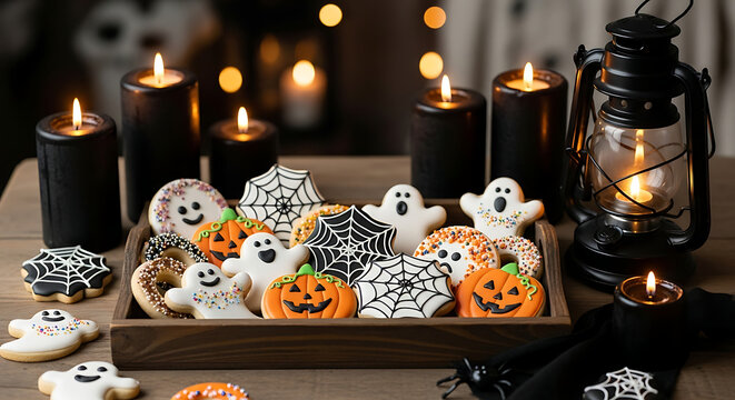 Festive assortment of decorative Halloween sugar cookies shaped like pumpkins and ghosts on a rustic tray, framed by dark black candles and a vintage lantern in a spooky holiday arrangement.