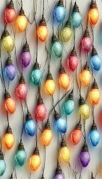 Vector seamless pattern of glowing colorful Christmas lights and individual hanging bulbs on white background