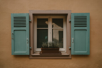 Obraz premium Turquoise shutters and flower pots on an orange wall of a traditional old house