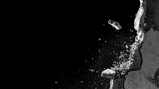 Exploding Concrete Wall with Flying Debris and Shards on Black Background