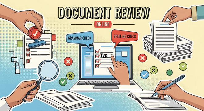Creative retro halftone collage banner featuring cutout hands proofreading documents for grammar and spelling errors on a laptop computer with vintage paper aesthetic and modern digital style.