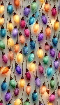 Vector seamless pattern of glowing colorful Christmas lights and individual hanging bulbs on white background