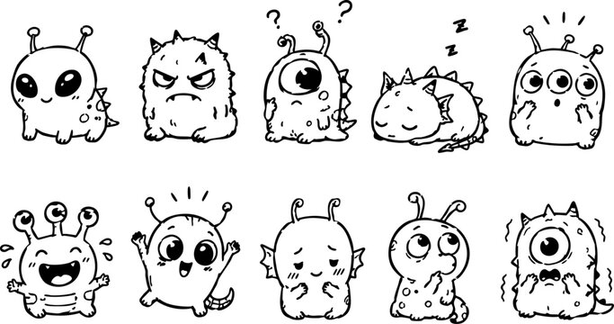 Cute Alien Doodles Set Hand Drawn Extraterrestrial Characters and Outer Space Elements Cartoon Vector Collection