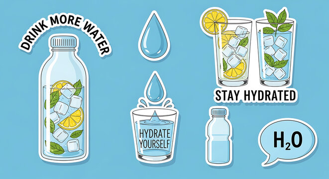 Collection of flat vector stickers promoting hydration with glasses of fresh water, reusable bottle, citrus lemon slices, green mint leaves and ice cubes on a vibrant blue background.