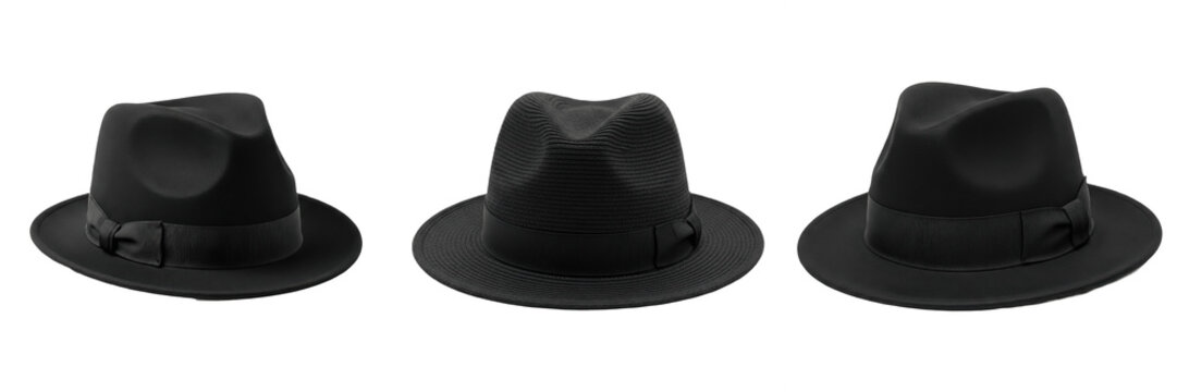Black Fedora Hat PNG Set - Three Multi-Angle Classic Wool Felt Trilby Hats with Ribbon Isolated on Transparent Background for Gangster Costumes, Vintage Fashion Mockups, and Graphic Design Elements