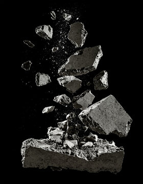 Exploding Concrete Chunks with Falling Debris, Vertical Shattered Stone on Black Background
