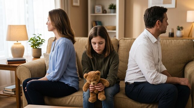 Sad girl holding teddy bear sitting between split parents on sofa. Caucasian woman and man ignoring each other after argument. Family conflict, difficult home crisis, divorce concept.