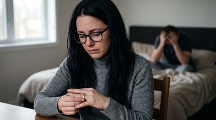 Fototapeta premium Crying woman taking off wedding ring in bedroom with frustrated man sitting in background. Marital crisis and divorce concept. Depressed couple experiencing relationship problems.