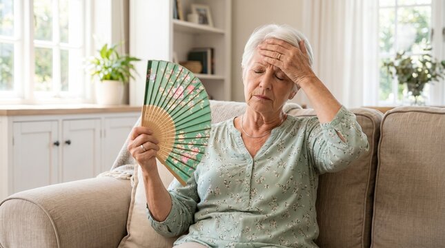 Senior woman suffering from heatwave at home. Elderly lady using hand fan to cool down while sitting on couch with headache. Indoor climate and summer weather health crisis concept.