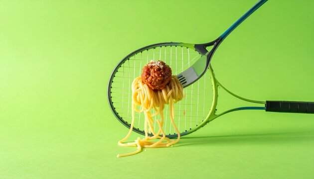 Creative Combination of a Tennis Racket Strung with Spaghetti Noodles and a Single Meatball Resting on a Fork