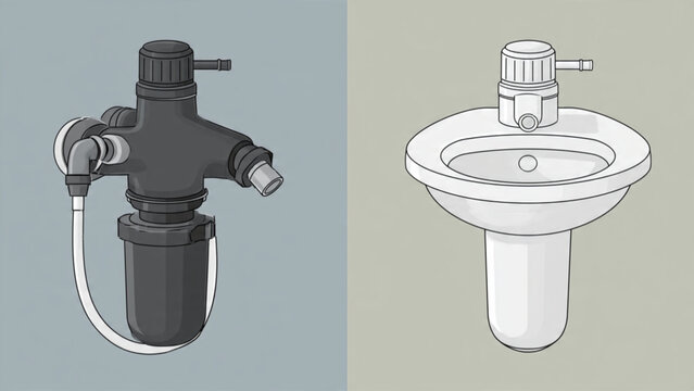 Modern black and white water filtration device and sink with faucet in minimalist bathroom interior