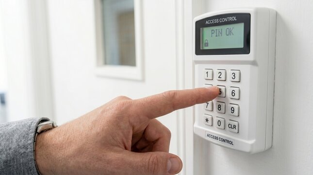 Man hand entering password code on wall security alarm keypad. Access control system for home or office protection. Electronic technology for building safety and unauthorized entry prevention.