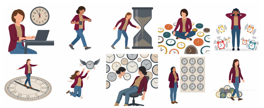 Time Management Concepts Illustration Set with Woman Struggling with Deadlines, Stress, and Work-Life Balance in Flat Vector Style