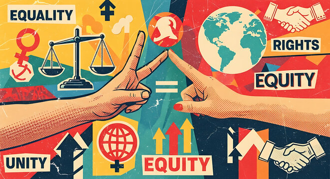Artistic collage of male and female hands forming an equal sign symbol representing gender equality parity and social justice rights with vintage halftone patterns and retro cutout paper design