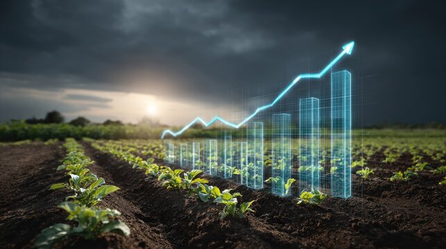 Digital growth chart overlays lush farmland under a dramatic, stormy sky