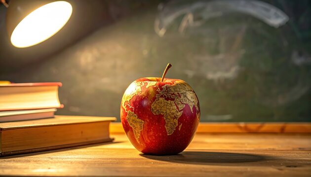 An apple with a detailed world map carved into its skin sits on a wooden desk in a classroom setting, symbolizing global education and knowledge.