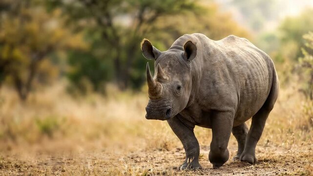 Black Rhinoceros Walking in African Savanna at Sunrise