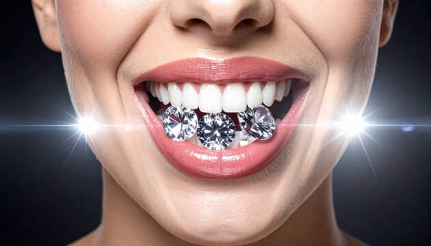 A woman's wide, radiant smile featuring sparkling diamonds instead of teeth, showcasing opulent beauty and wealth.