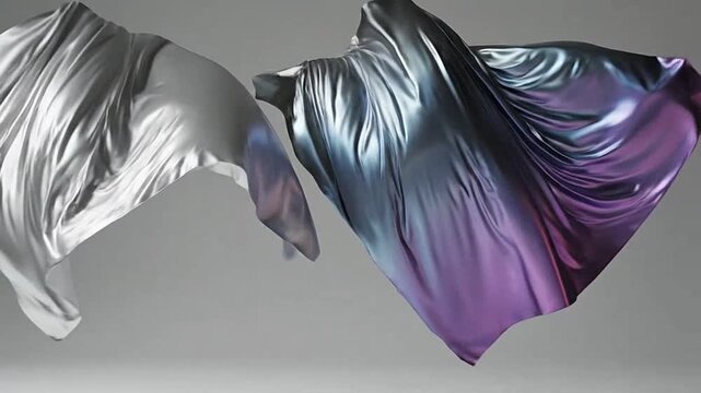 Two pieces of flowing fabric float gracefully against a neutral gray background