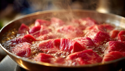 Obraz premium Close Up of Raw Beef Simmering in Boiling Hot Pot Water