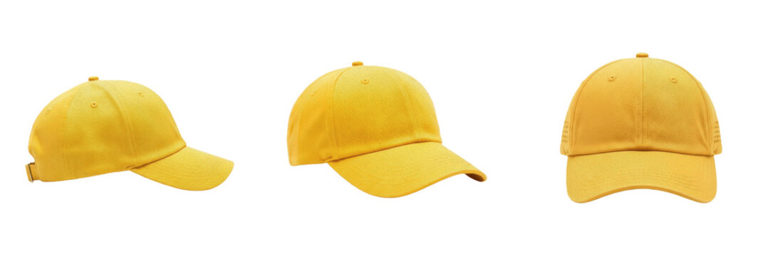 Yellow Baseball Cap PNG Mockup Set - Three Multi-Angle Blank Yellow Cotton Dad Hats from Front, Side, and Angled Views Isolated on Transparent Background for Apparel Brand Design and Merchandising Tem