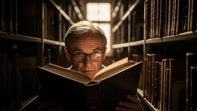 Older man reading thick book in dark historic library.