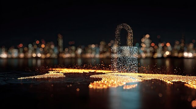 Digital padlock emerges from glowing particles against a bokeh cityscape
