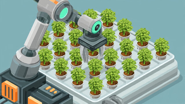 Robotic arm tending lush green potted plants in a modern hydroponic farm setup