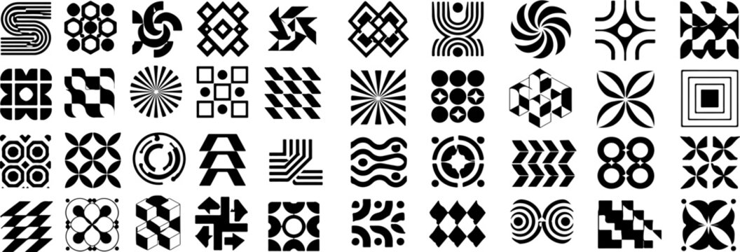 Retro geometric seamless pattern set with bold brutalist aesthetic backgrounds, abstract vintage wallpaper style featuring circles and squares with minimal texture and glass distortion effect vector 