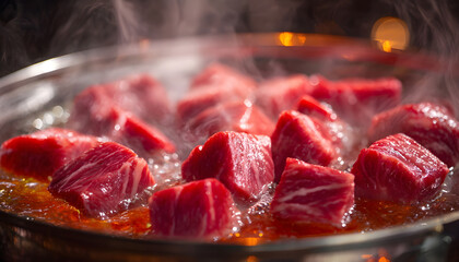 Plakat Close Up of Raw Beef Simmering in Boiling Hot Pot Water