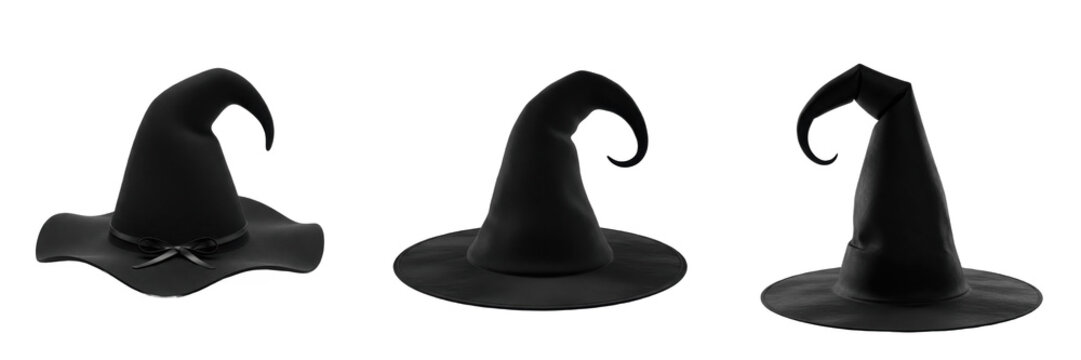 Black Witch Hat PNG Set - Three Spooky Halloween Witch and Wizard Hats Silhouette Illustration Elements Isolated on Transparent Background for Autumn Party Decor and Graphic Design Templates