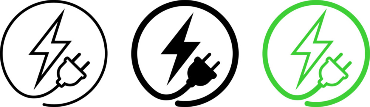 Electric plug icons with lightning bolts in circle